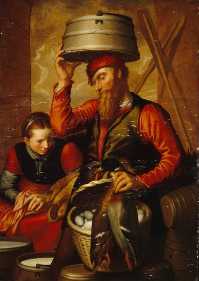 Fjerkræsælgeren (Sælger af Fowl). Et par bønder i traditionel dragt forbereder deres kurve med æg og deres varer til markedet. Maleri af Pieter Aertsen (1508-1575), olie på træ af Pieter Aertsen