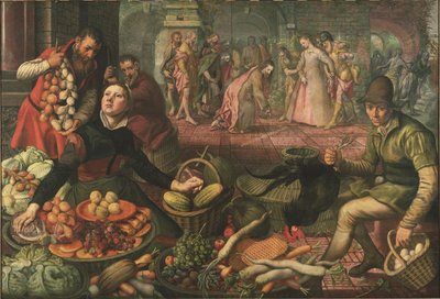 Vandrescene og Kristus med utroskabskvinden - Kristus og kvinden taget i utroskab, af Aertsen, Pieter dit Lange Pier af Pieter Aertsen