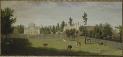 Udsigt over den nye villa, det gamle hus og staldene fra den anden side af Burlington Lane, Chiswick Villa (olie på lærred) af Pieter Andreas Rysbrack