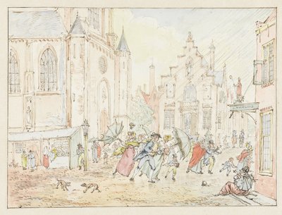 Firkantet med mennesker i regnen af Pieter Bartholomeusz. Barbiers