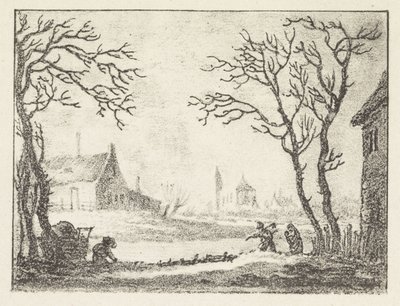 Vinterlandskab med huse og figurer af Pieter Bartholomeusz. Barbiers
