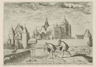 Udsigt over Veere, med ordsproget: en blind leder en anden Landskaber med bibelske scener (serietitel) af Pieter Bast