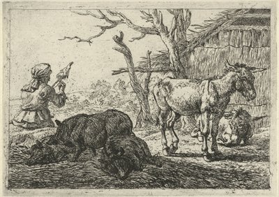 Kvinde spinning, svin og æsler Forskellige dyr (serietitel) af Pieter Bodding van Laer