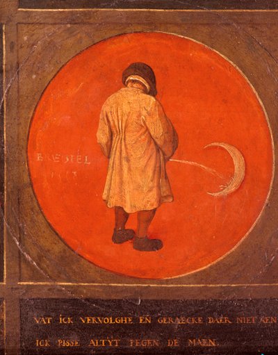 Uanset hvad jeg gør, omvender jeg mig ikke, jeg bliver ved med at pisse mod månen, c1558-1560 af Pieter Bruegel the Elder