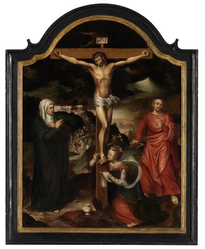 Kristus på korset med Jomfruen, Sankt Johannes og Maria Magdalena (olie på panel) af Pieter Claeissens