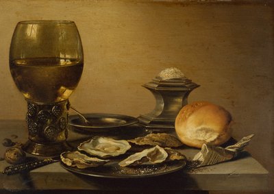 Et morgenmadsstilleben med østers, saltbrød og nødder (olie) af Pieter Claesz