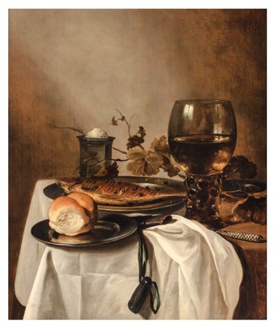 En rulle, sild, sølvsaltkar, stor rogn og kniv på et draperet bord, ca. 1644 (olie på panel) af Pieter Claesz