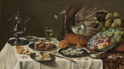 Stilleben med kalkuntærte. 1627 af Pieter Claesz