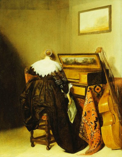 En siddende dame set bagfra foran en jomfru, af Pieter Codde