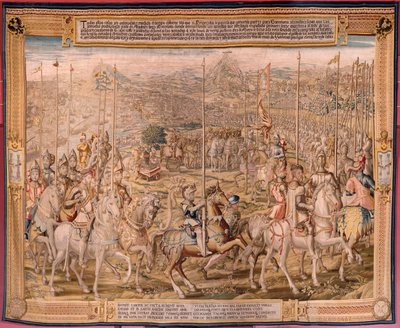 flamsk gobelin. Serien Erobringen af Tunis; Gennemgang af tropperne i Barcelona (La revista de las tropas en Barcelona). Andet gobelin i serien. Model Jan Vermeyen og Pieter Coecke van Aelst. 1543-1548. Fremstilling Real Fábrica de Tapices de Sant af Pieter Coecke van Aelst