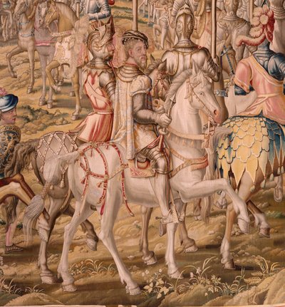flamsk gobelin. Serien Erobringen af Tunis; Gennemgang af tropperne i Barcelona (La revista de las tropas en Barcelona). Andet gobelin i serien. Model Jan Vermeyen og Pieter Coecke van Aelst. 1543-1548. Fremstilling Real Fábrica de Tapices de Sant af Pieter Coecke van Aelst