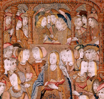 flamsk gobelin. Serie Triumphs of the Mother eller Paños de Oro. Bebudelse (La Anunciación). Andet gobelin i serien. Model Colin de Cooter (?). Fremstilling Pieter van Aelst (eller van Edingen), Bruxelles. Ca 1500-1502. Stof Guld, sølv, silke og wo af Pieter Coecke van Aelst