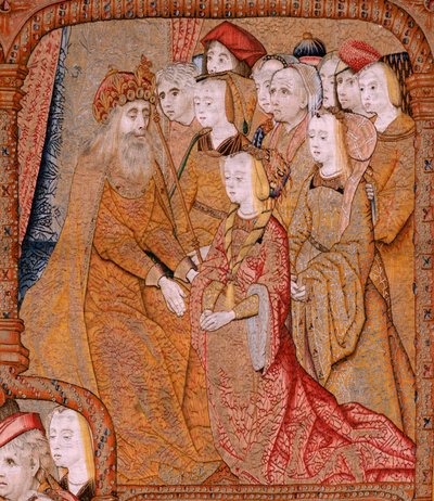 flamsk gobelin. Serie Triumphs of the Mother eller Paños de Oro. Bebudelse (La Anunciación). Andet gobelin i serien. Model Colin de Cooter (?). Fremstilling Pieter van Aelst (eller van Edingen), Bruxelles. Ca 1500-1502. Stof Guld, sølv, silke og wo af Pieter Coecke van Aelst
