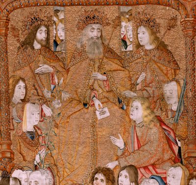 flamsk gobelin. Serie Triumphs of the Mother eller Paños de Oro. Gud sender arkeenglen Gabriel. Første gobelin i serien. Model Colin de Cooter(?). Fremstilling Pieter van Aelst (eller van Edingen), Bruxelles. Ca 1500-1502. af Pieter Coecke van Aelst
