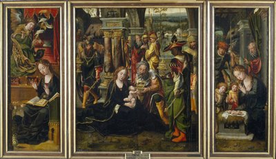 Bebudelsen. Magiernes tilbedelse. Hyrdernes tilbedelse, andet kvartal af 1 af Pieter Coecke van Aelst