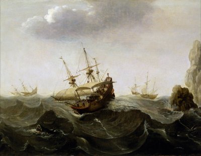 En båd, der er fanget i et oprørt hav, med både, der flygter fra stormen i det fjerne, og til højre dukker klipper op af vandet. Olie på træ, omkring 1620, af Cornelisz Verbeecq (1590-1637). af Pieter Cornelisz. Verbeeck