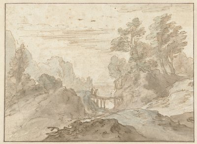Bjerglandskab med to figurer på en smal bro af Pieter Dircksz van Santvoort (possibly)