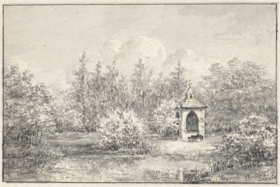 Udsigt i parken Leiduin, med et hus mellem træerne af Pieter Ernst Hendrik Praetorius