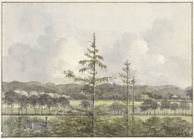 Udsigt over enge med gårde af Pieter Ernst Hendrik Praetorius