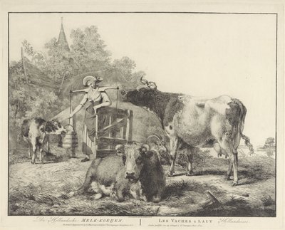 Køer og en malkepige De Hollandsche Melk-koeijen/ Les vaches â lait hollandaises (titel på objekt) af Pieter Gerardus van Os