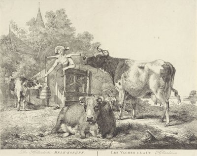 Køer og malkepige De Hollandsche Melk-koeijen/ Les vaches â lait hollandaises (titel på objekt) af Pieter Gerardus van Os
