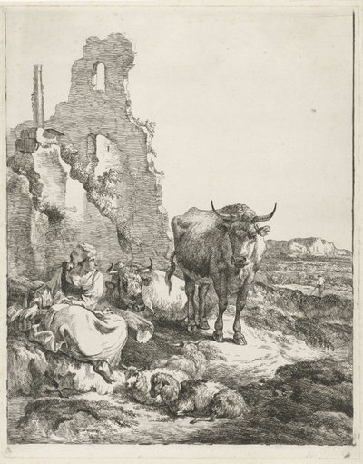 Landskab med stående og liggende ko og hyrdinde foran en ruin af Pieter Gerardus van Os
