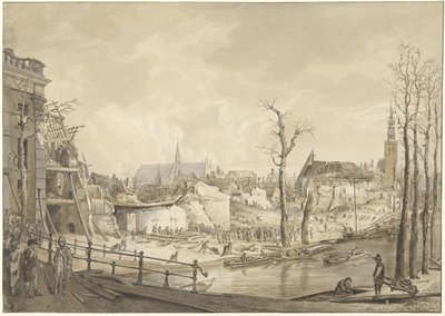 Ruiner på nordsiden af ​​Steenschuur efter Krudtkatastrofen i Leiden, 12. januar 1807 af Pieter Gerardus van Os