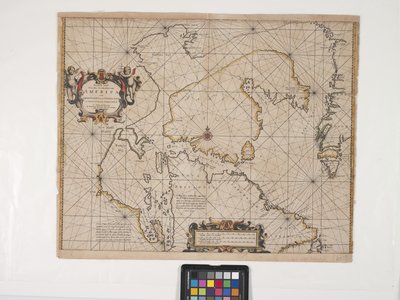 Nyt kort over den nordøstligste kyst af Amerika (gravering med håndfarvning på råhvidt lagt papir) af Pieter Goos