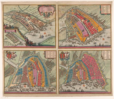 Fire kort over Amsterdam fra 1400 til 1612 Amsteldam soo it selve have been omhaynt (...) (titel på objekt) Amsterdam udvidet for anden gang blev først udvidet med Steene Mueren inden jaere 1482 (...) (titel på objektet) Amsteldam fjerde af Pieter Hendricksz. Schut (possibly)