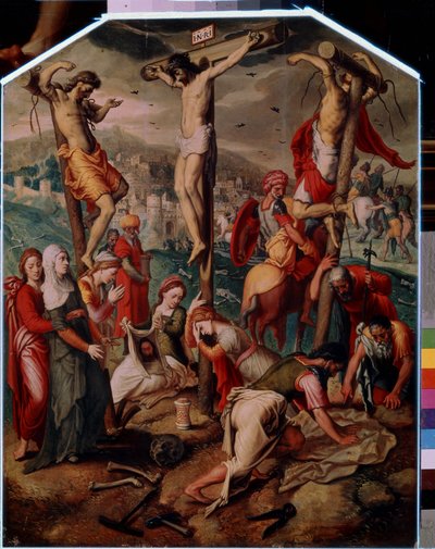 Golgata (Golgata). På Golgata bliver Jesus Kristus korsfæstet med de to andre dømt til døden. Han bærer INRI-tegnet (I.N.R.I.) på korset. Ved foden sørger den hellige Maria Magdalene over Jesu død, hendes flaske vælter på jorden. Sankt Veronica af Pieter I Pietersz