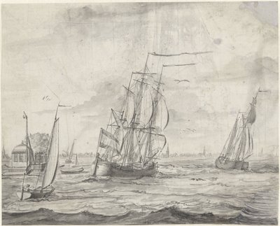 Indre vandveje med skibe, i det fjerne en by af Pieter Idserts