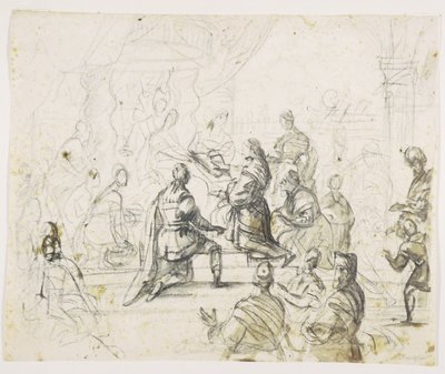 Figurer knælende for konge på trone af Pieter Isaacsz