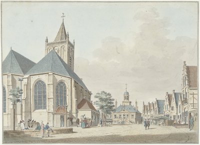 Markedet i Vlaardingen med kirken og rådhuset af Pieter Jan van Liender