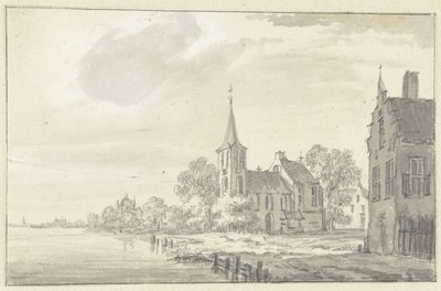 Landsbykirke og huse ved en flod af Pieter Jan van Liender