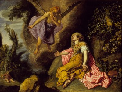 Hagar og englen, 1614 (olie på træ) af Pieter Lastman