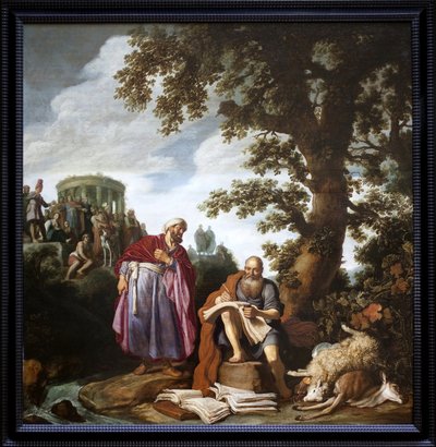 Hippokrates (fra Cos, 460-370 f.Kr.) på besøg hos Demokrit (fra Abdere, 460-370 f.Kr.). Maleri af Pieter Lastman (1583-1633), Olie på lærred af Pieter Lastman