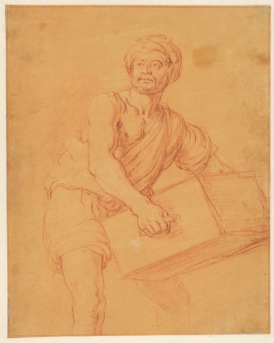 Studie eines bärtigen und turbantragenden Mannes, der eine Truhe trägt af Pieter Lastman