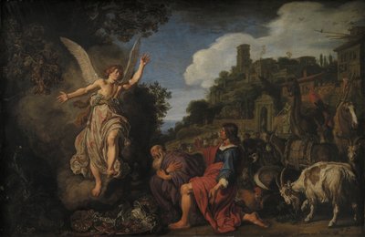 Englen Raphael tager afsked med gamle Tobit og hans søn Tobias af Pieter Lastman