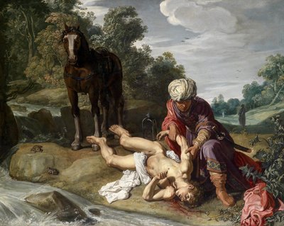 Den barmhjertige samaritaner plejer den rejsendes sår (Luk 10,25-37) af Pieter Lastman