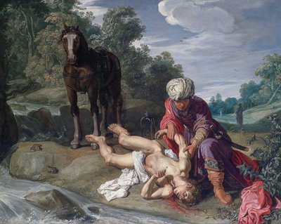 Den barmhjertige samaritaner plejer den rejsendes sår (Luk 10,25-37) af Pieter Lastman