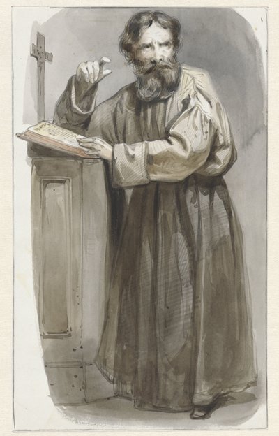 Stående gejstlig ved talerstol med krucifiks og bibel af Pieter Marinus van de Laar (attributed to)