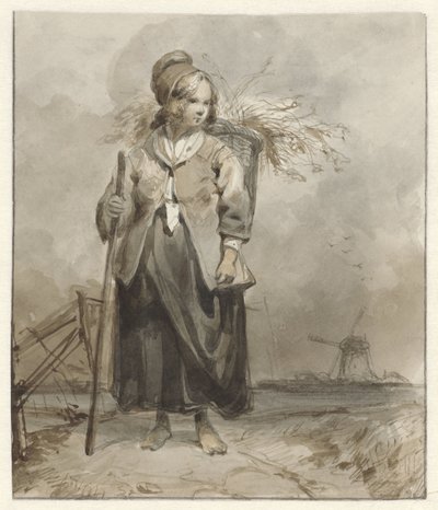 Stående kvinde med stok og kurv på ryggen af Pieter Marinus van de Laar (attributed to)