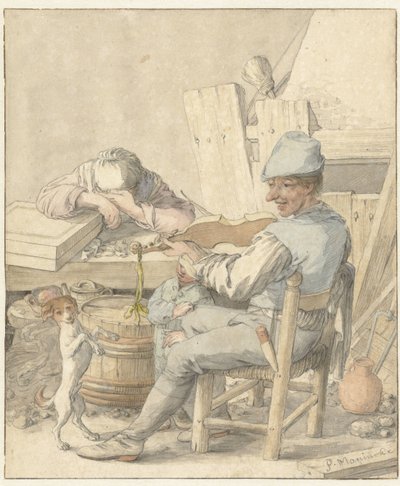 Interiør med en mand, der spiller violin, en sovende kvinde og en dansende hund af Pieter Moninckx