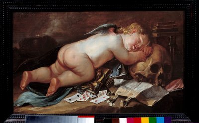 Elsker at sove på en døds hoved. Maleri (Vanite) af Pieter Moninckx (1606 - 1686) Ec. Flam. af Pieter Moninckx