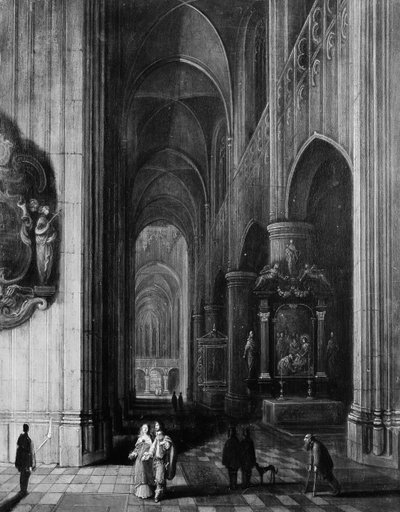 Interiør af en gotisk kirke om natten, ca. 1660. af Pieter Neefs
