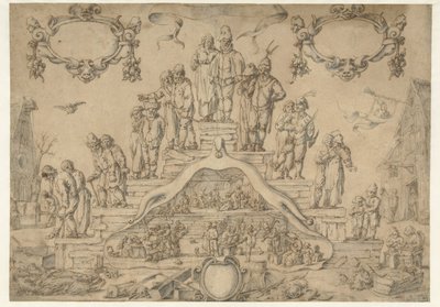 Alderdomstrappe med bønder og bondekoner af Pieter Nolpe (attributed to)