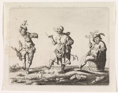 Dansende bonde- og bondekone og en mand på en tønde af Pieter Nolpe