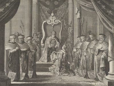 Tavle 8: Kejser Maximilian II giver en krone til Amsterdams våbenskjold, fra Cas..., 1638. af Pieter Nolpe