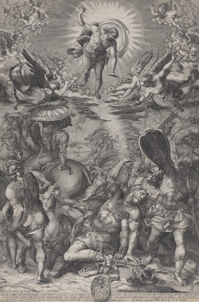 Sauls omvendelse, som ligger på jorden omgivet af heste og soldater som Kristus..., 1583 af Pieter Perret