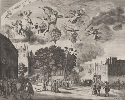Charles II kommer ind i Haag i en vogn med Mauritshuis til højre, fra 